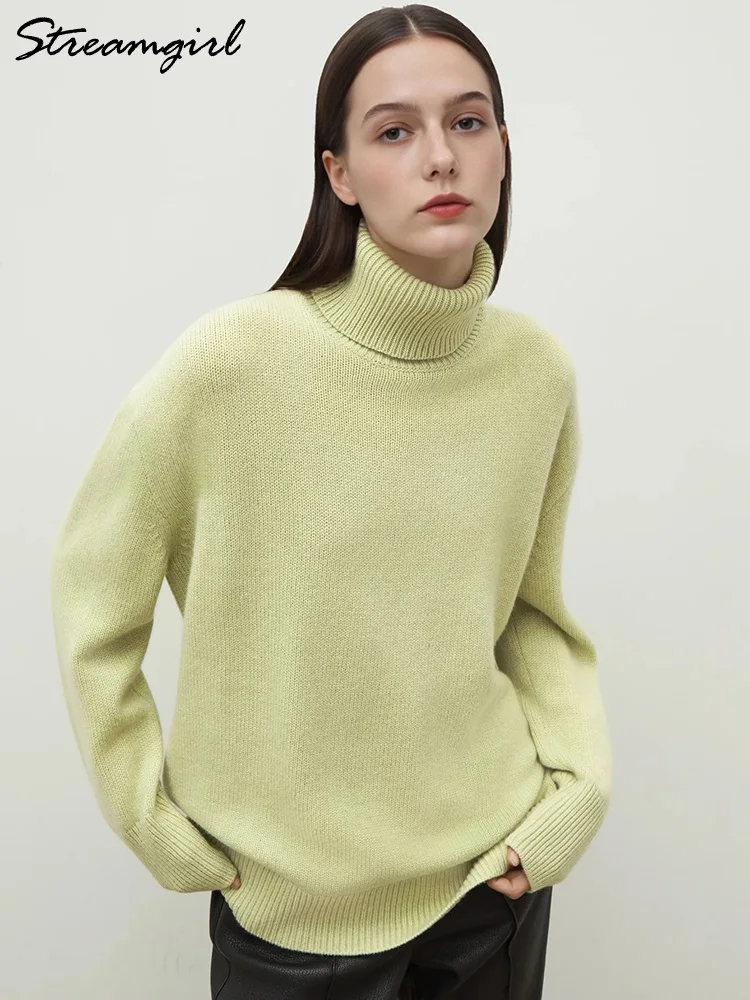 

Basic Turtleneck Sweaters For Women 2025 Autumn Winter Fruit Green Oversized Pullovers Knit Jumpers White Ladies Sweaters Loose