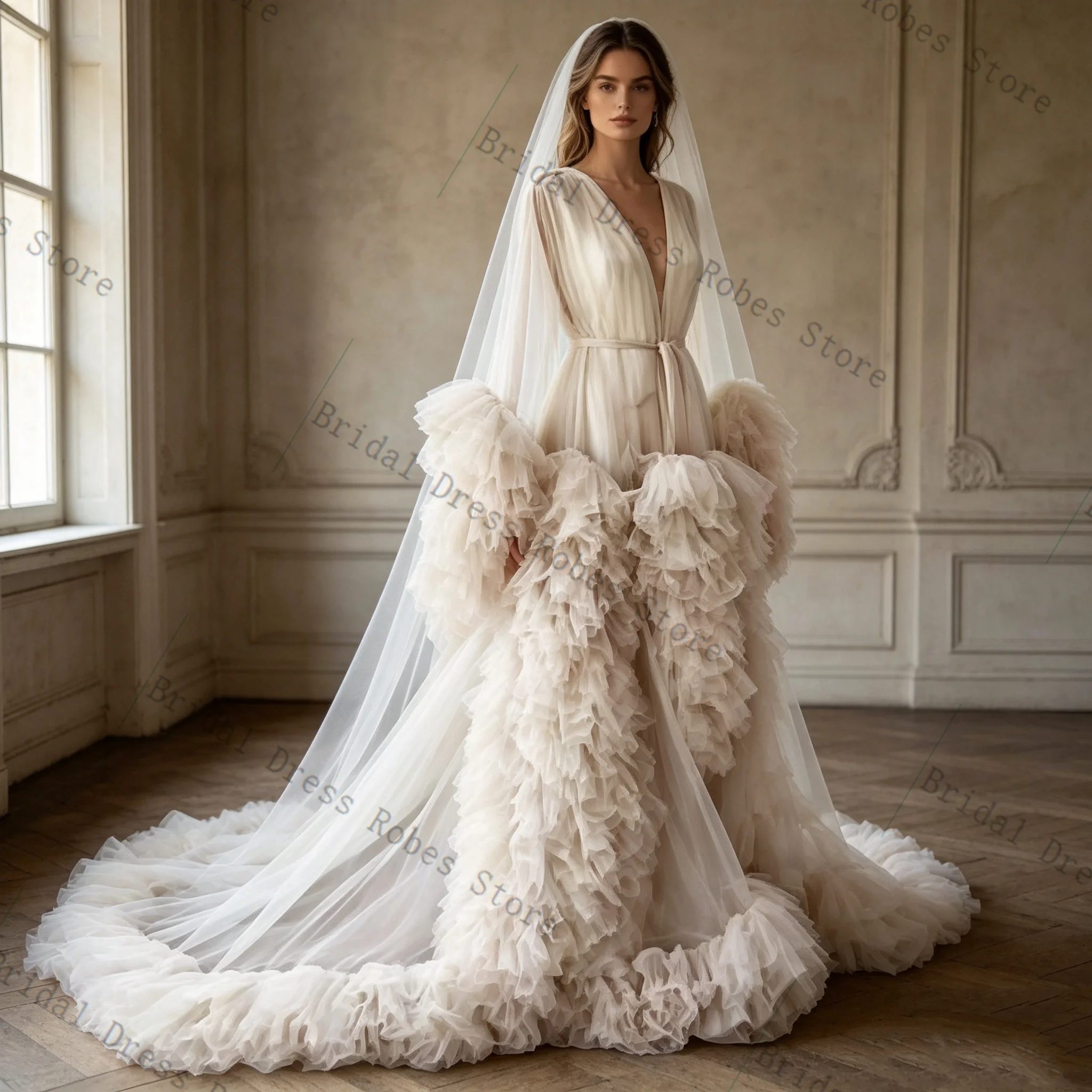 Elegant White Tulle Women Prom Dress For Photoshoot Formal Sexy V Neck Tiered Long Bridal Morning Robe Customized Night Gown