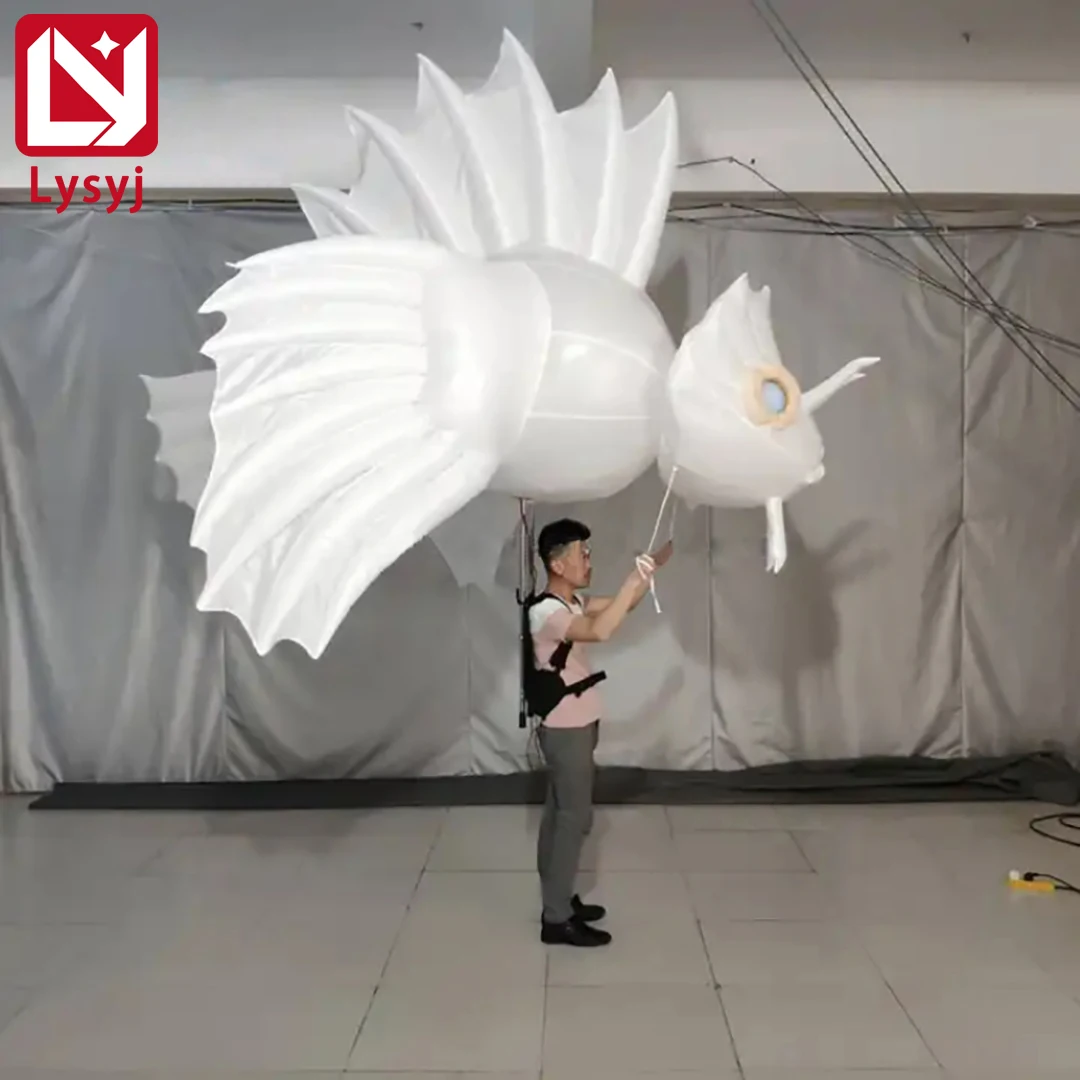 2M Inflatable Fish Puppet Air Blow Parade Walking Performance Props White LED Light Theme Park Event Advertising for Kids Toys