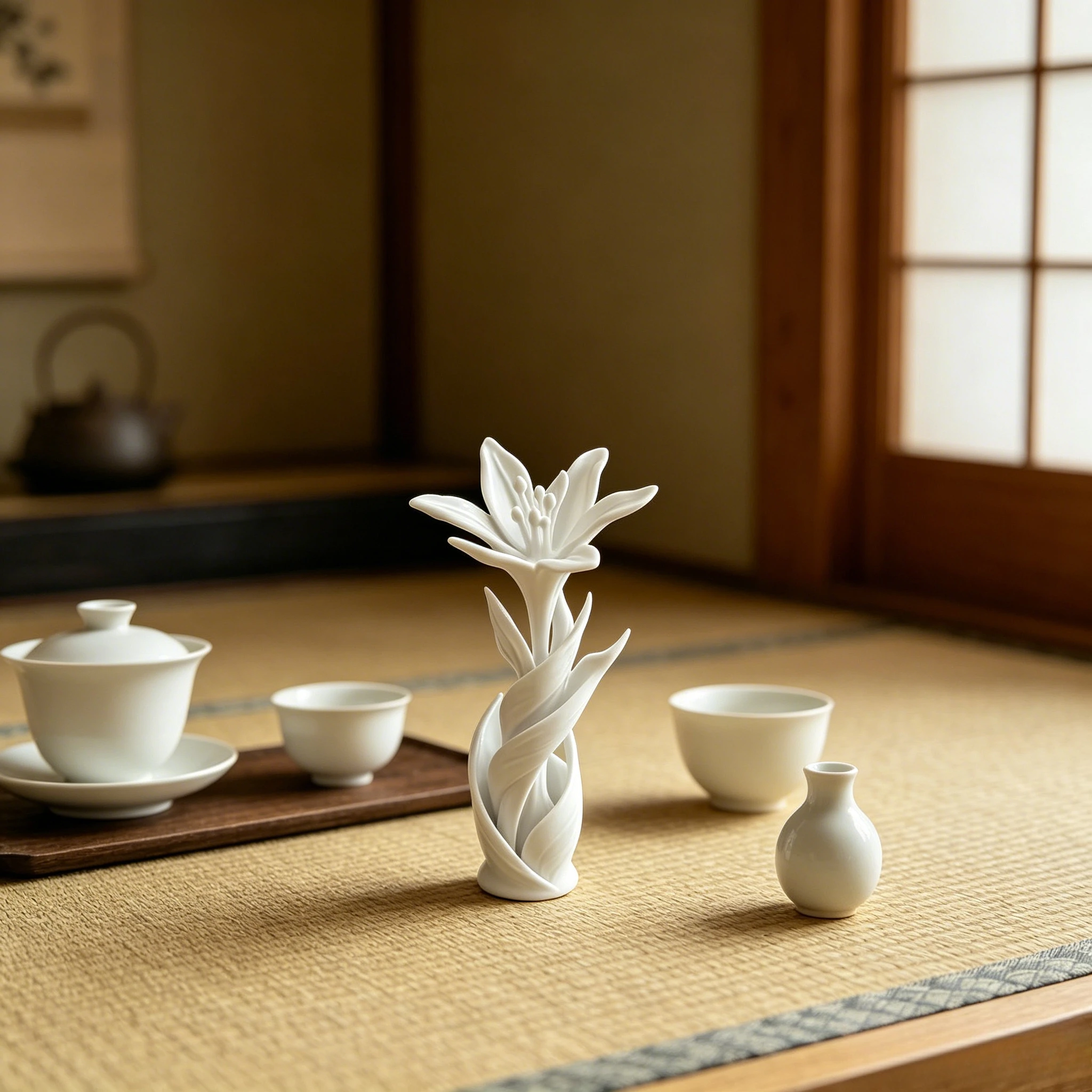 Art Figurine Twisted Stem Lily Statue Oriental Zen Floral Tabletop Tea Room New Chinese Decor Small Sculpture Gift 3D Ornament