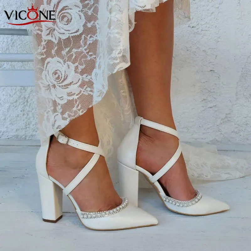 Wedding Bride Shoes Woman Heels Shoes and Sandals White High-heeled Shoes with Pointed Toes Cross-buckle Luxery Shoes Women