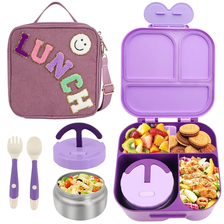 

Box with Bento Box with 4 Compartment, with Leak Proof Thermo Food Jar, Preppy Corduroy Insulated Lunch Bag for Womens Girl Kids