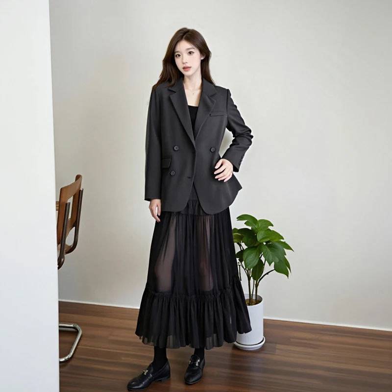

Autumn Winter Korean Fashion Commuter 2 Piece Set Women Tulle Spaghetti-strap Dress + Chic Suit Coat Formal Occasion Banquet Set