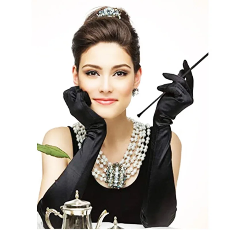 Guantes largos de satén elásticos para mujer, manoplas clásicas negras a la moda, con dedos, Flapper para banquete de boda, accesorios de conducción