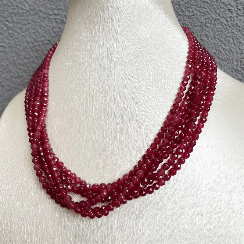 4*4MM Faceted Round Red Ruby Jade Necklace 1/3/6Strands Adjustable Multilayer Bead Chain Choker for Prom Gift