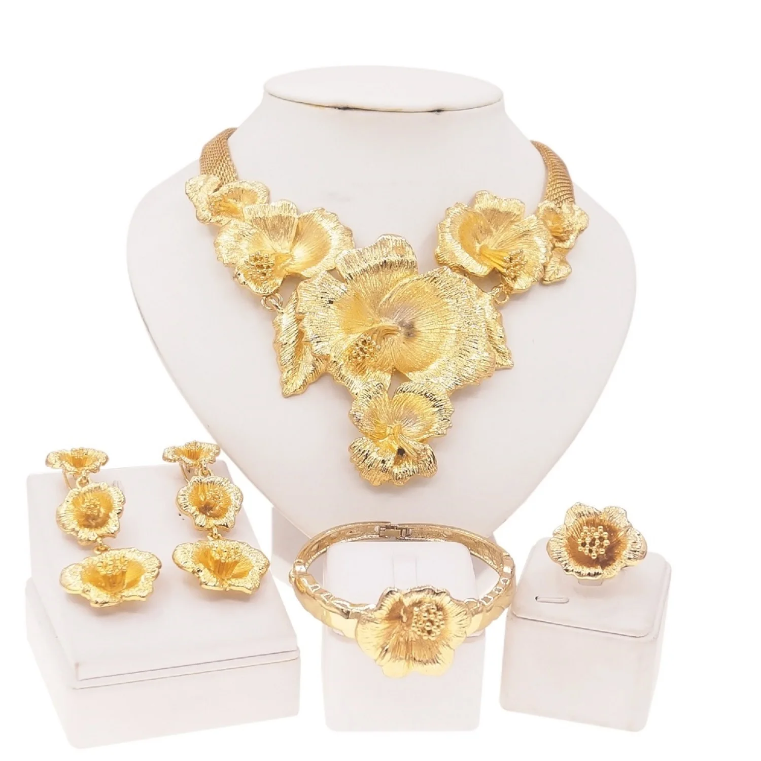 New Arrival Fashion Italian Gold Colour Jewelry Set Bold Necklace Flower Bud Ring Woman Earrings Wedding Banquet Gift