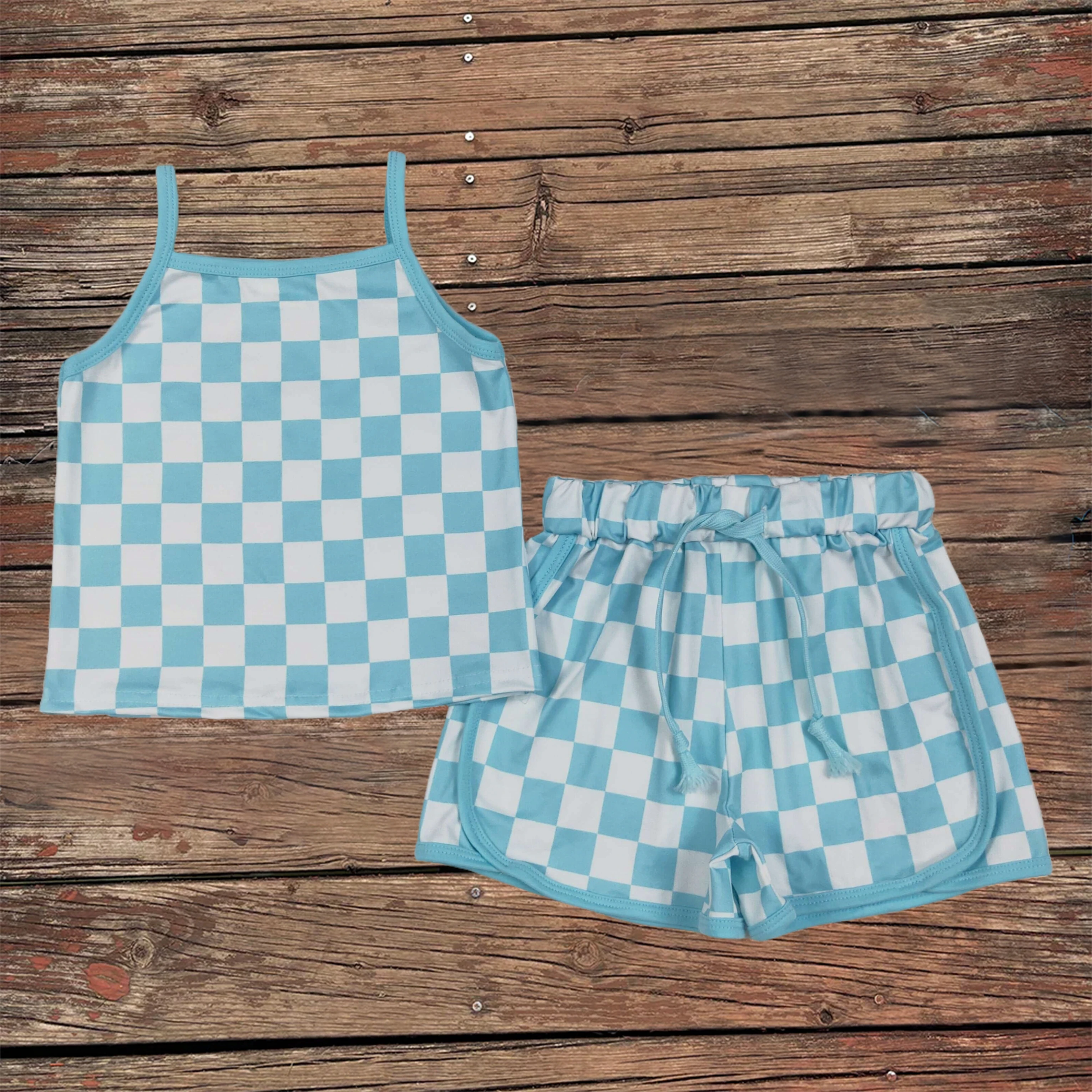 

Оптовая продажа, детские пижамные комплекты, детская одежда для младенцев, ночная рубашка, синие клетчатые топы без рукавов на бретелях для маленьких девочек, одежда для сна, шорты