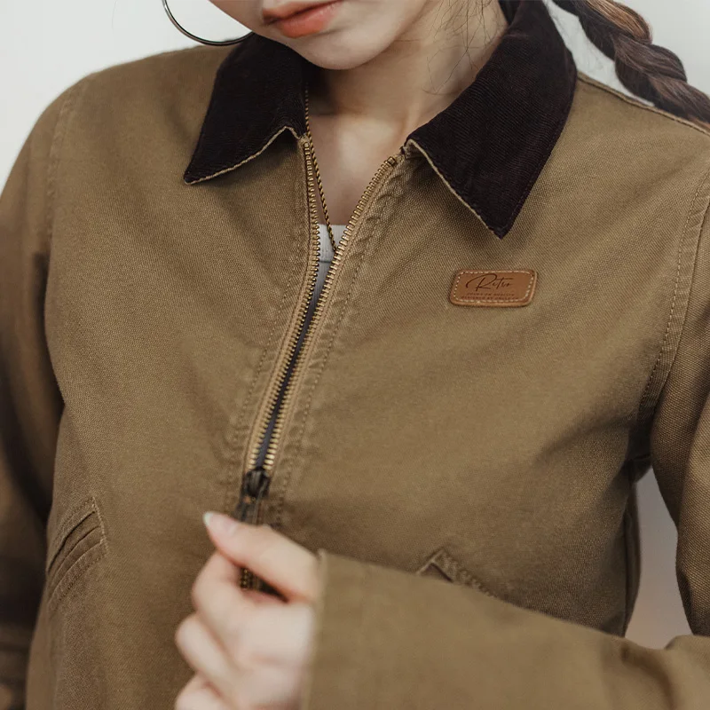 Maden Khaki Detroit Jackets for Women Vintage Turn-down Collar Workwear Jacket Spring and Autumn Canvas Coat Slim Fit