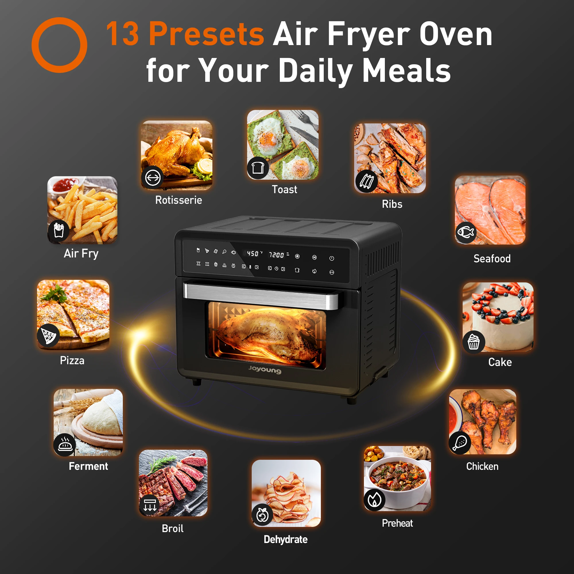 Joyoung 1800w 28qt ar fritadeira torradeira forno de convecção 13 funções predefinidas torradeira fritadeira de ar forno led digital tela sensível ao toque