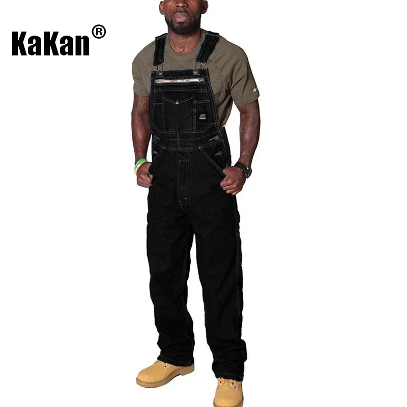 Kakan - New European and American Men\'s Shoulder Strap Jeans Men\'s Clothing, Blue Multi Pocket Torn Jumpsuit Long Jeans K34-722