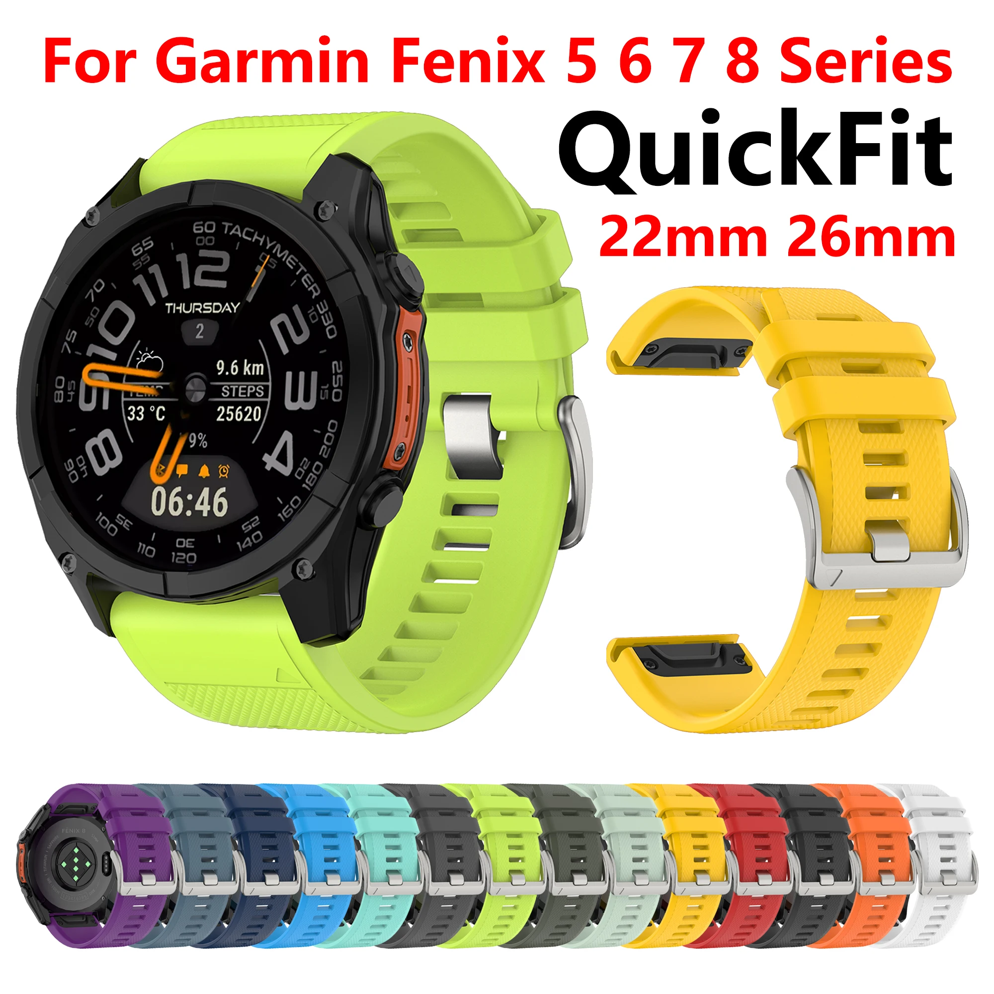 QuickFit 22 26mm Silicone Watch Strap for Garmin Fenix 5 5X Plus 6 6X 7 7X Pro 8 Epix Gen2 Pro 47mm 51mm Silver Buckle Bracelet