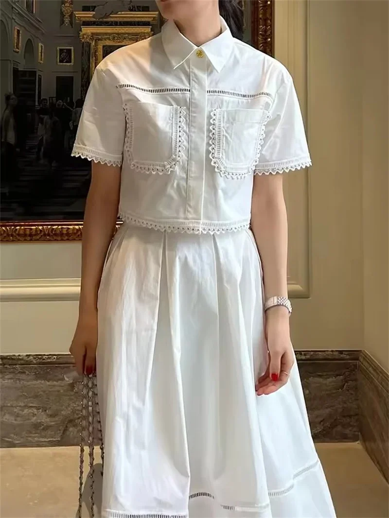 Pop Pop Elegant Two Piece Sets For Women 2025 Summer Lapel Beading Short Sleeve Tops High Waist A Line Pleated Skirts Suit Femal