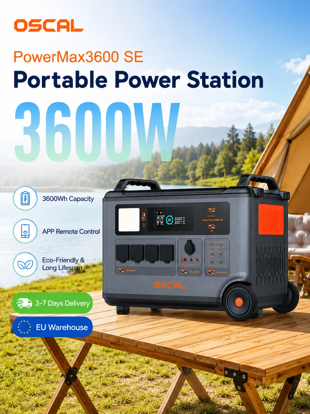 Tragbare Powerstation OSCAL PowerMax3600-SE 3600W 3600Wh LiFePO4 2200W Schnellladung für Zuhause, Notfälle, Camping, Wohnmobil, netzunabhängige Einsatzorte und Baustellen