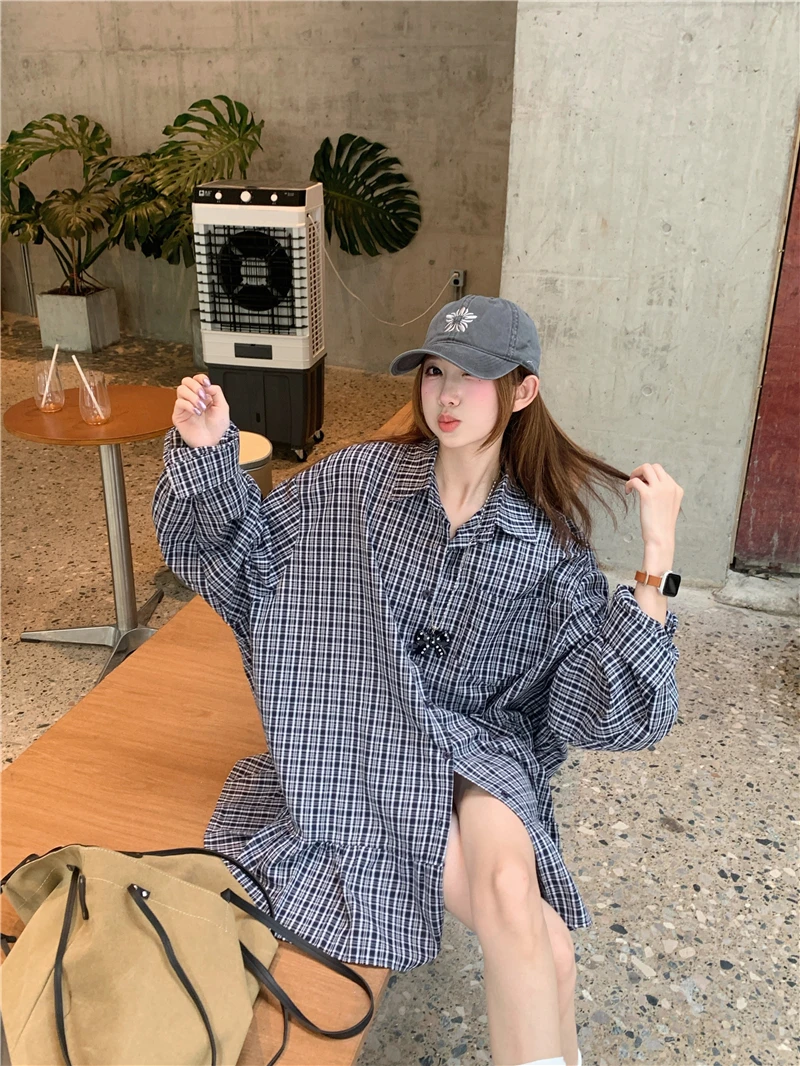 Casual Style Plaid Long Sleeve Shirt Dress Women's Autumn Bell Sleeve Casual Fashion Loose Fit Cotton 100% Button up Dress