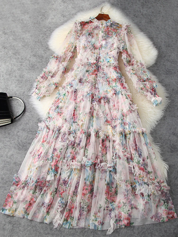 Runway Fashion High Quality New Sunscreen Spring Luxury Women\'S Vintage Elegant Sexy Bohemian Print Casual Party Mesh Long Dress