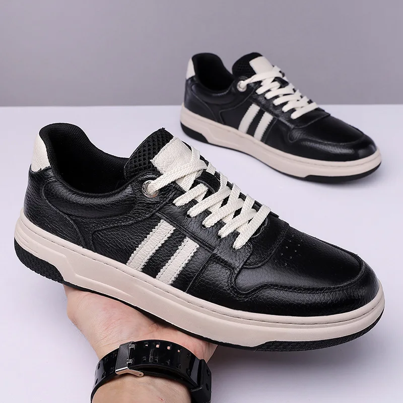 

New Shoes for Men Cow Leather Casual Shoes Fashion Striped Flat Skateboard Shoes Youth Cool Lace-up Sneaker