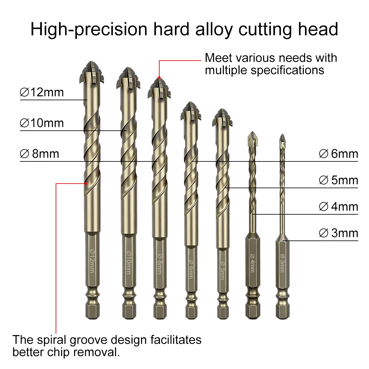 4-Edged Serrated Eccentric Drill Bit Set for Ceramic Tile Glass Marble Concrete Stone Stainless Steel Dry Drilling