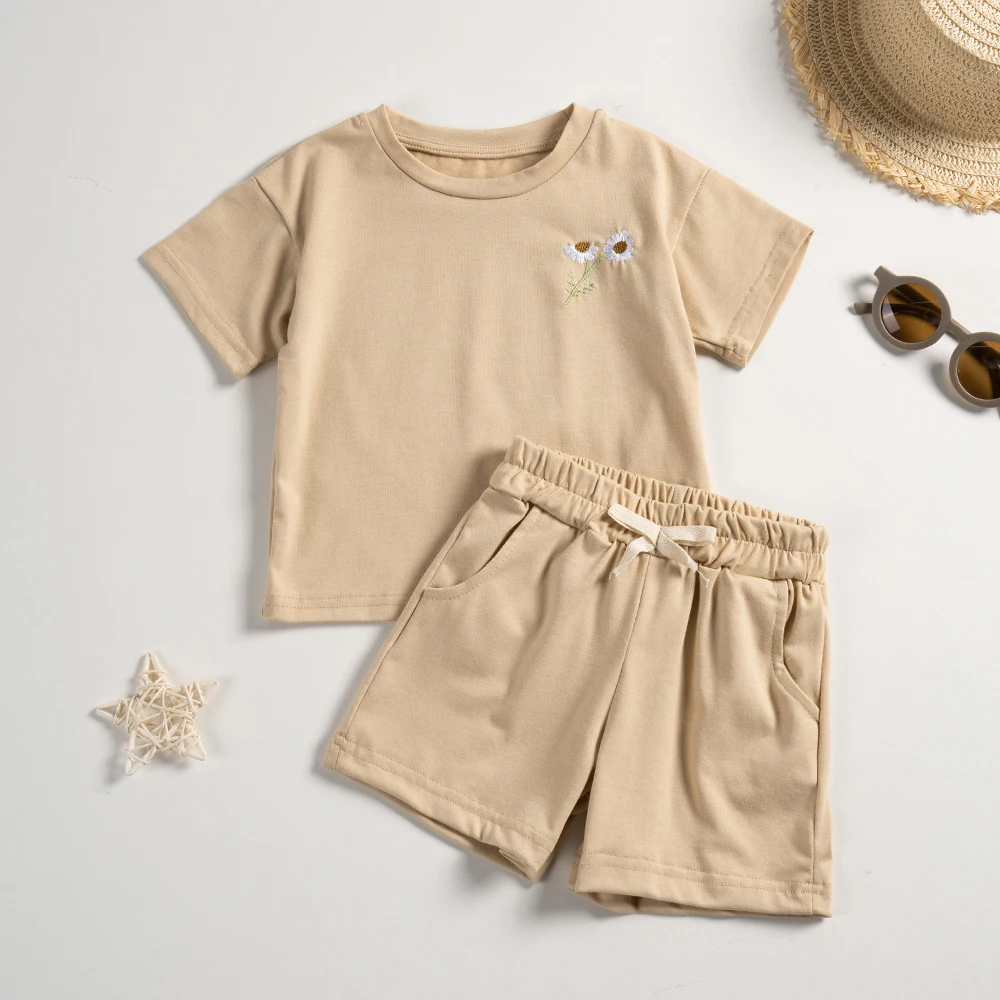 Kids Summer Clothes 2 Pcs Sets for Boys Girls Casual Embroidery Short Sleeve T-shirts and Shorts Pants Solid Suit Outfit 0-6Y