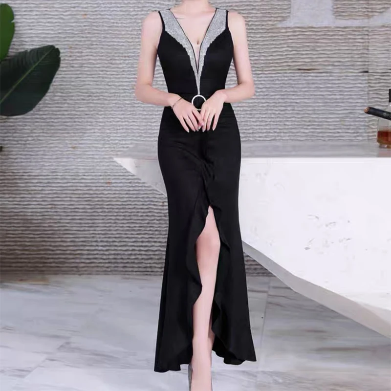 

Slim Evening Dress Solid Color High Split Layered Dress Ruffle Lrregular Party Dress Elegant Luxury Sexy V-neck Party Dress