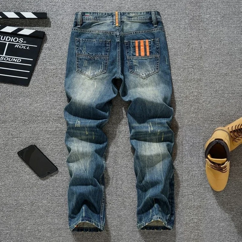 New Spring/Autumn Fashion Trendy American Retro Straight Leg Sports Jeans Men's Casual Loose Stretch High Quality Denim Pants