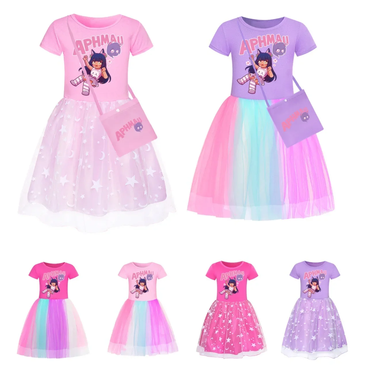 Cute APHMAU Dress Kids Summer Short Sleeve Skirt Baby Girls Lace Pleated Princess Vestidos Children Evening Dresses & Little Bag