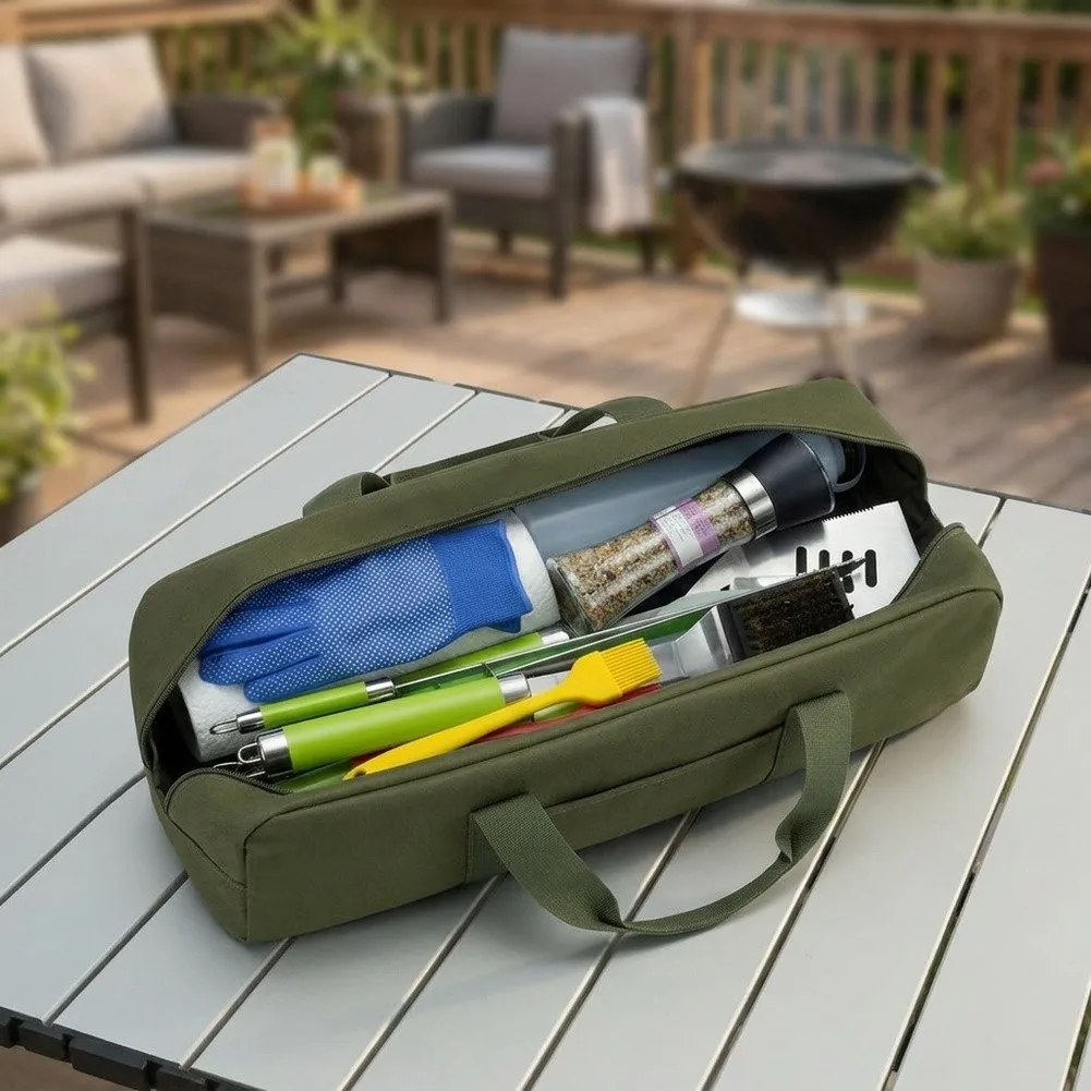 22x6.5 Inch BBQ Tool Storage Bag With Pockets Portable Grill Organizer Caddy For Outdoor Camping Picnic Accessories Green