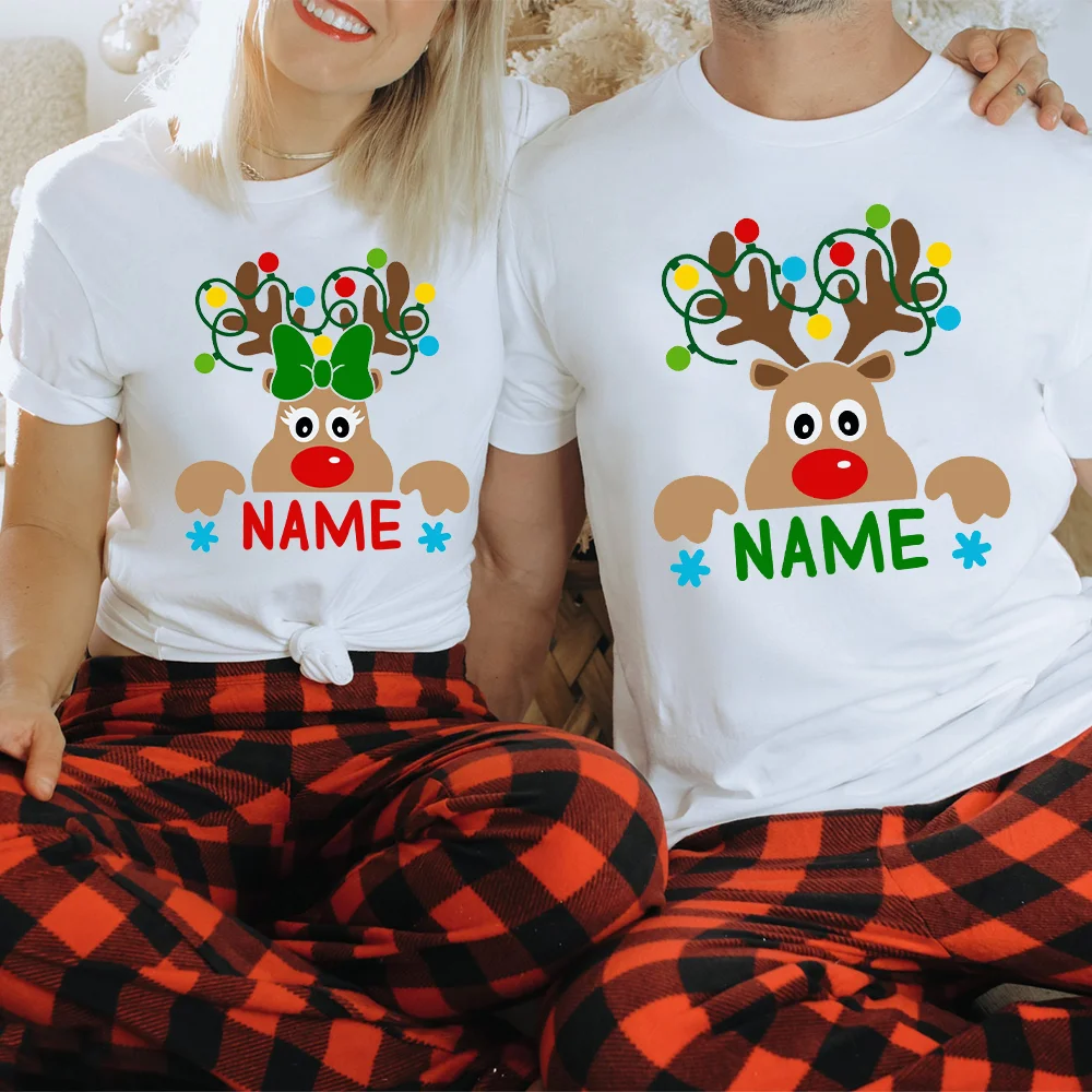 Matching Christmas Family Shirt Custom Name Reindeer Graphic Tees for Family Personalized Holiday Xmas Dad Mom and Me Shirts