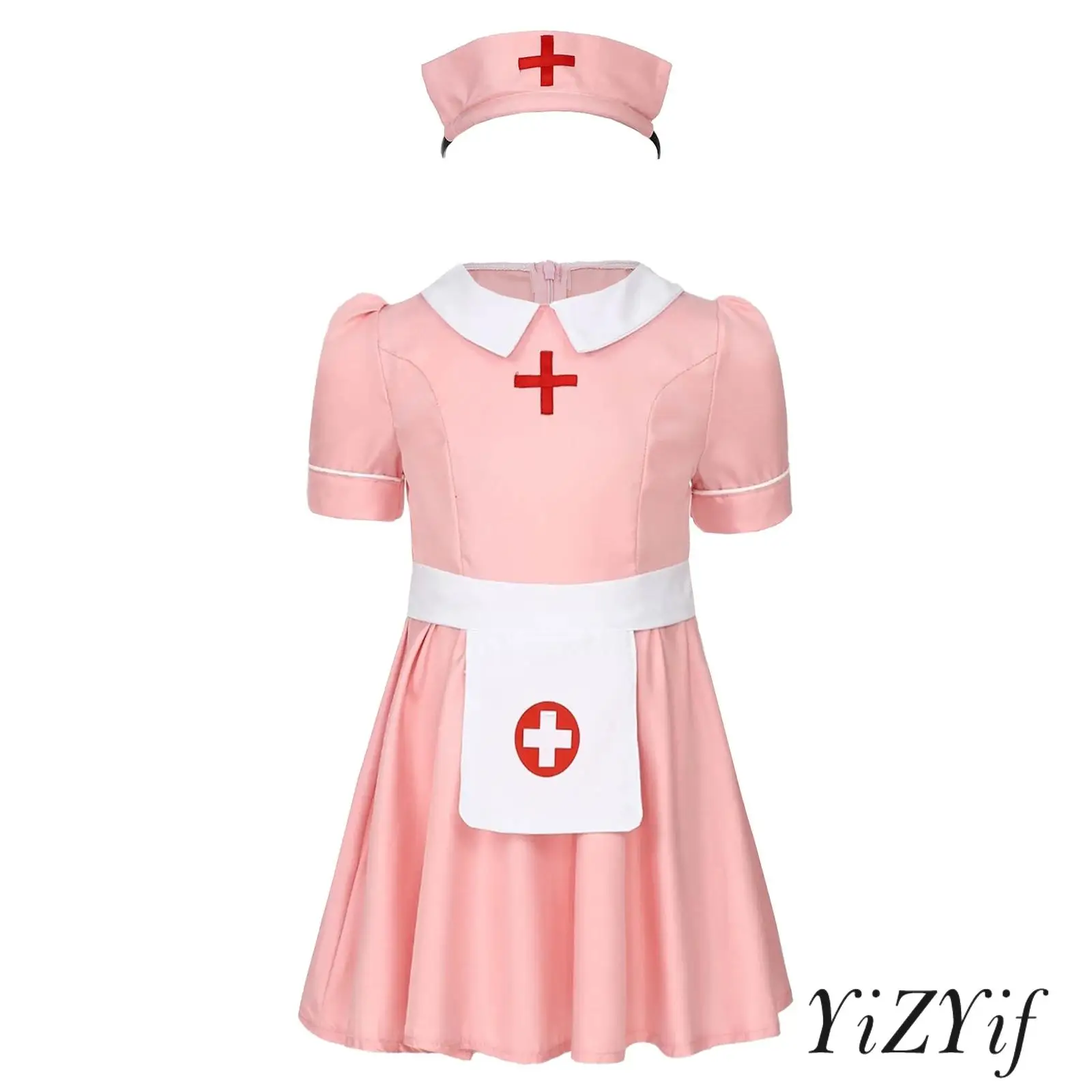 

Kids Girls Playtime Nurse Roleplay Costumes Turn-Down Collar Short Sleeve Ruffled Skirt with Matched Nurse Headwear Apron