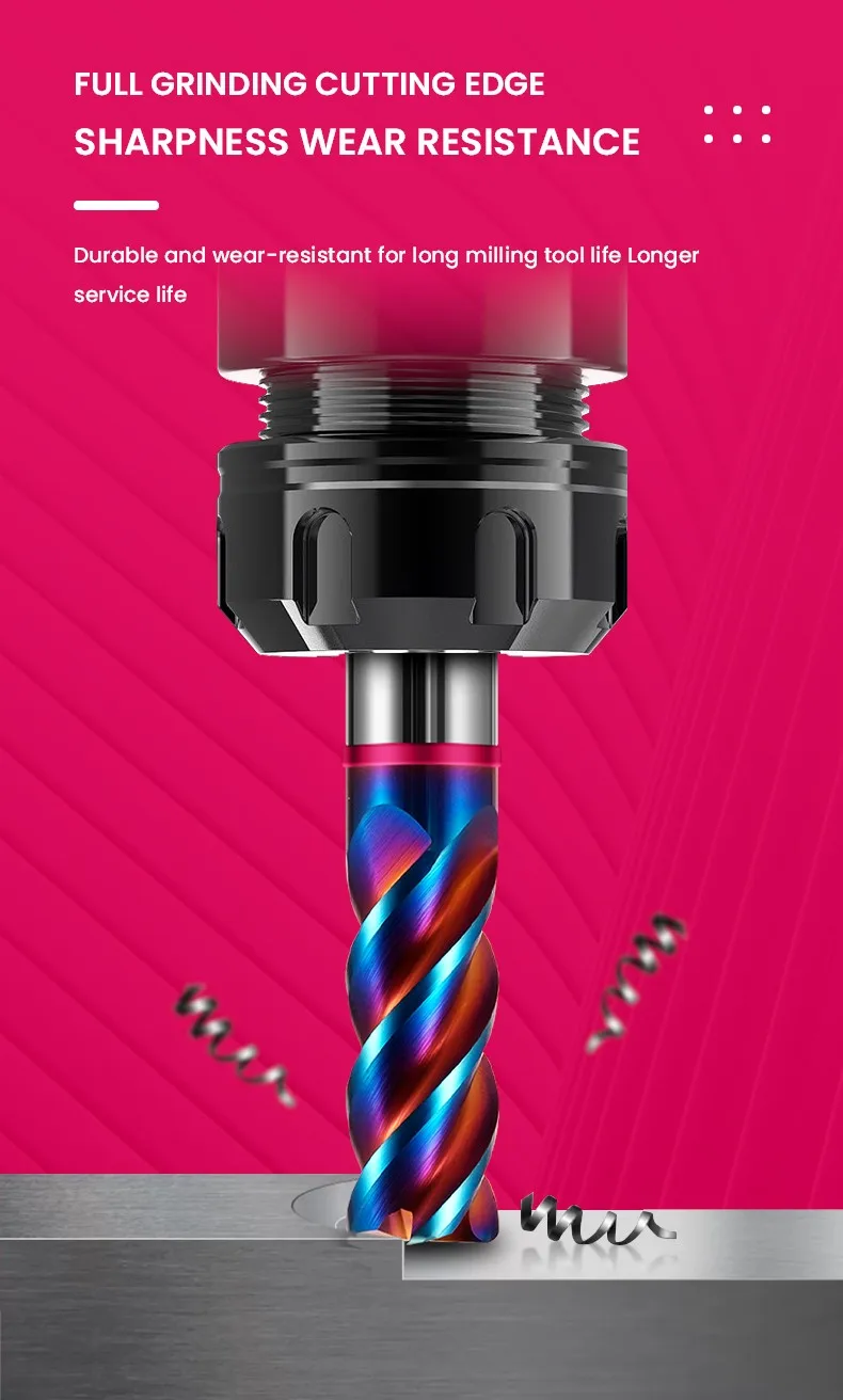 AZZKOR 4F Schaftfräser mit Farbring, blauer Nano-Beschichtung, Wolframstahl-Hartmetall, Rundfräser für CNC-Maschinen, TGP-HRC70 – Detail 9