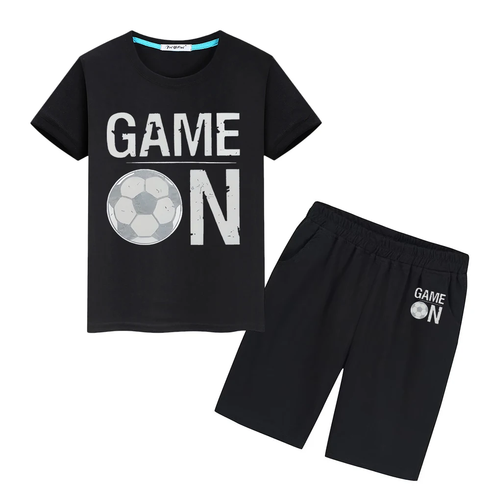 

Football printing Kawaii T-shirt 100%Cotton Summer Cute Tshirts Sports Sets Tops+shorts Tees kid holiday gift boys girls clothes