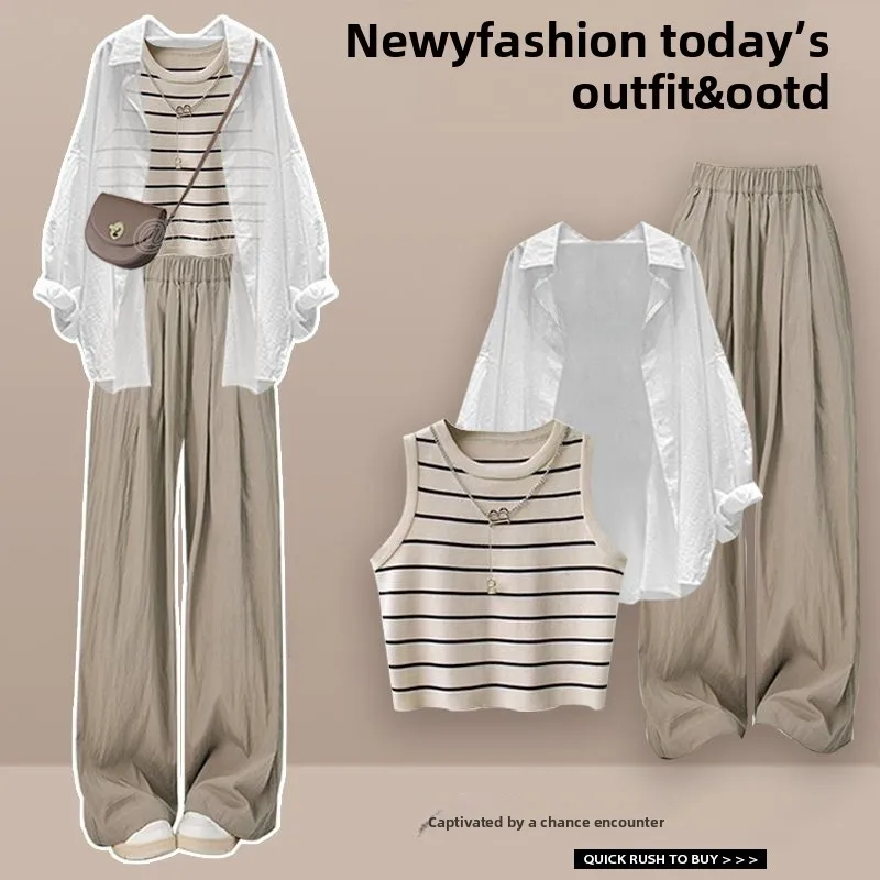 Weißes langes Sve Thin Sun Protection irt Damen-Tanktop, lässig, gestreift, passende Hose mit weitem Bein, Ele Design, Neu 2025,