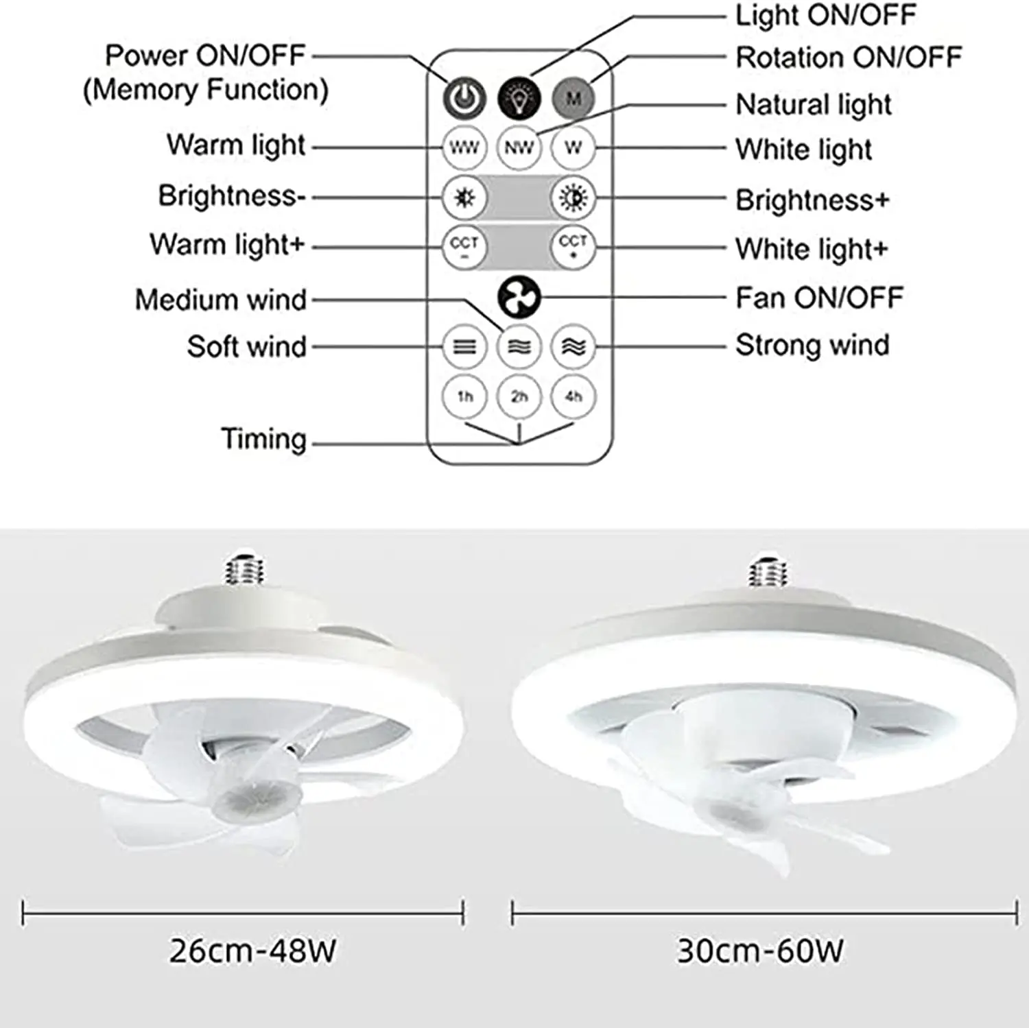 Imagem -05 - Teto com Luz Conduzida e Controlo a Distância 360 ° Rotation Decoração Retrátil Silenciosa Home E27 60w fã de