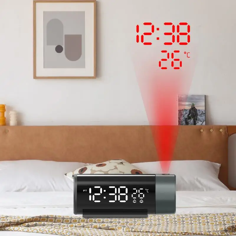 Projection Alarm Clock Digital Clock Thermometer With 180° Rotatable Projector Brightness Dimmer USB Out 5-60min Snooze 12/24H