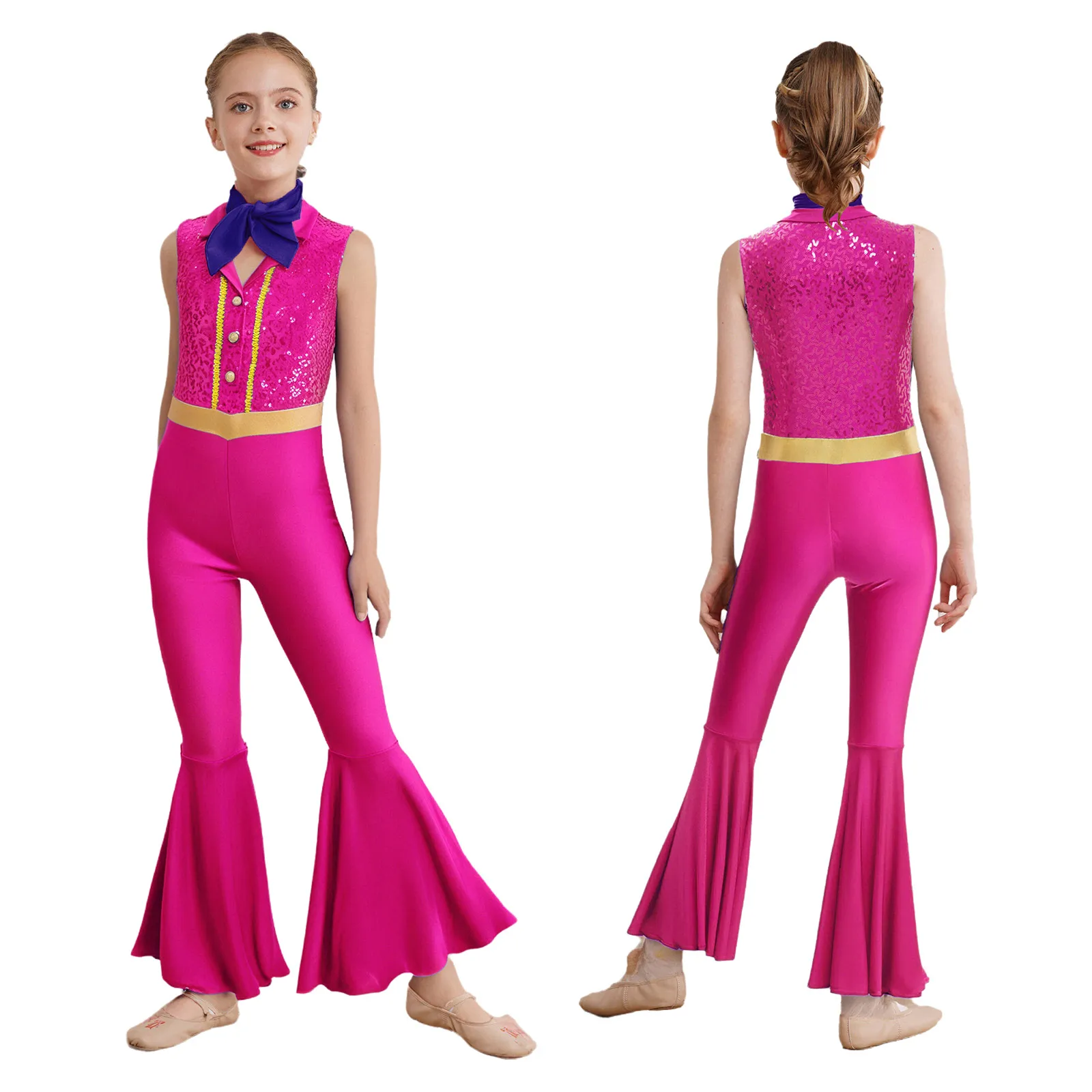 Children Girls Jazz Dance Jumpsuit Ballet Skating Gymnastics Leotard Sleeveless Shiny Sequins Lapel Flare Bodysuit with Scarf