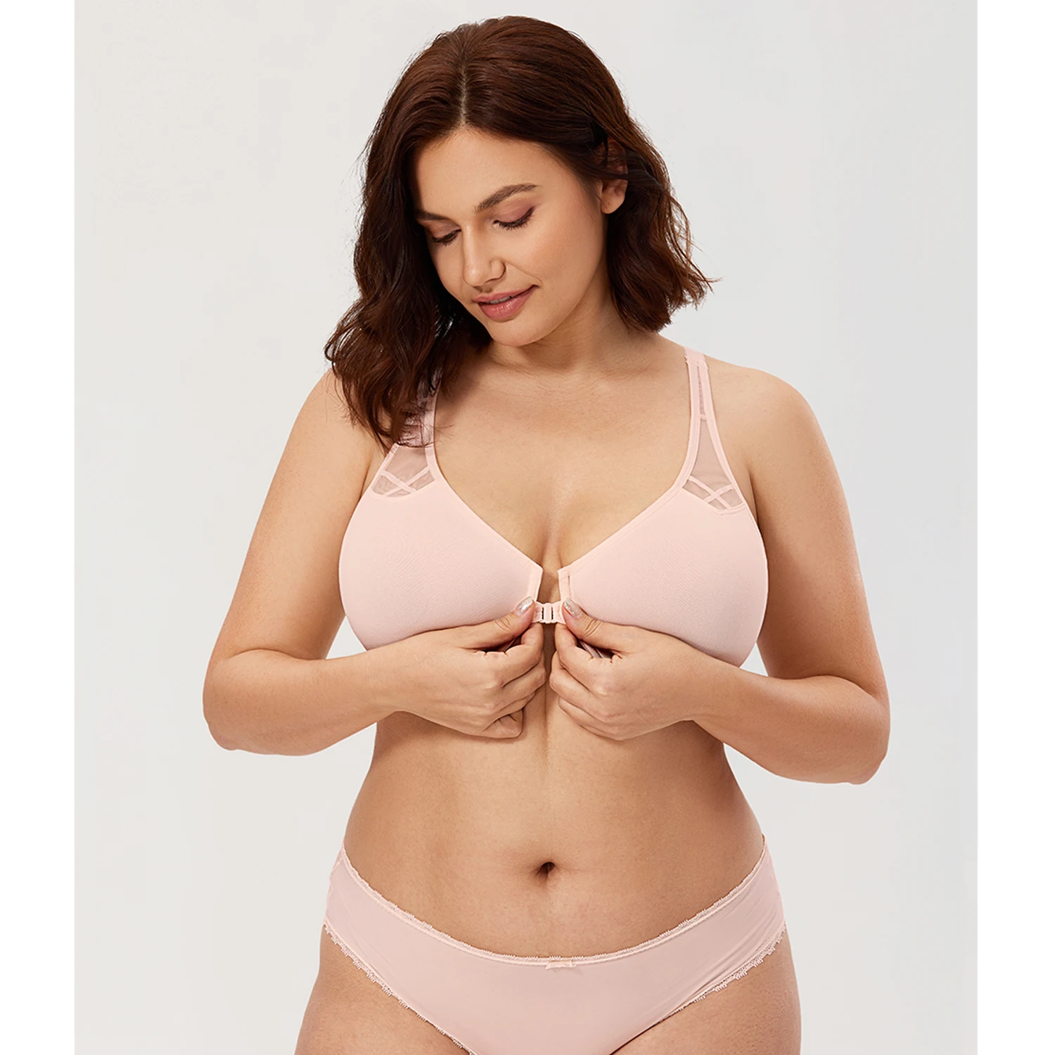 Women's Plus Size T-back Seamless Bras Non Padded Underwire Front Close Bra Racerback Lace Lingerie Sexy Underwear B-DD E F 42