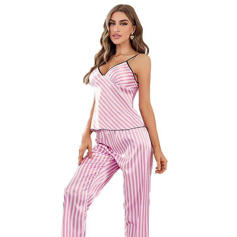 2pcs Women Satin Pajamas Set Sexy Lace V-neck Sleepwear Sling Top+Pants Stripe Print Homewear Silk Soft Luxury Nighties