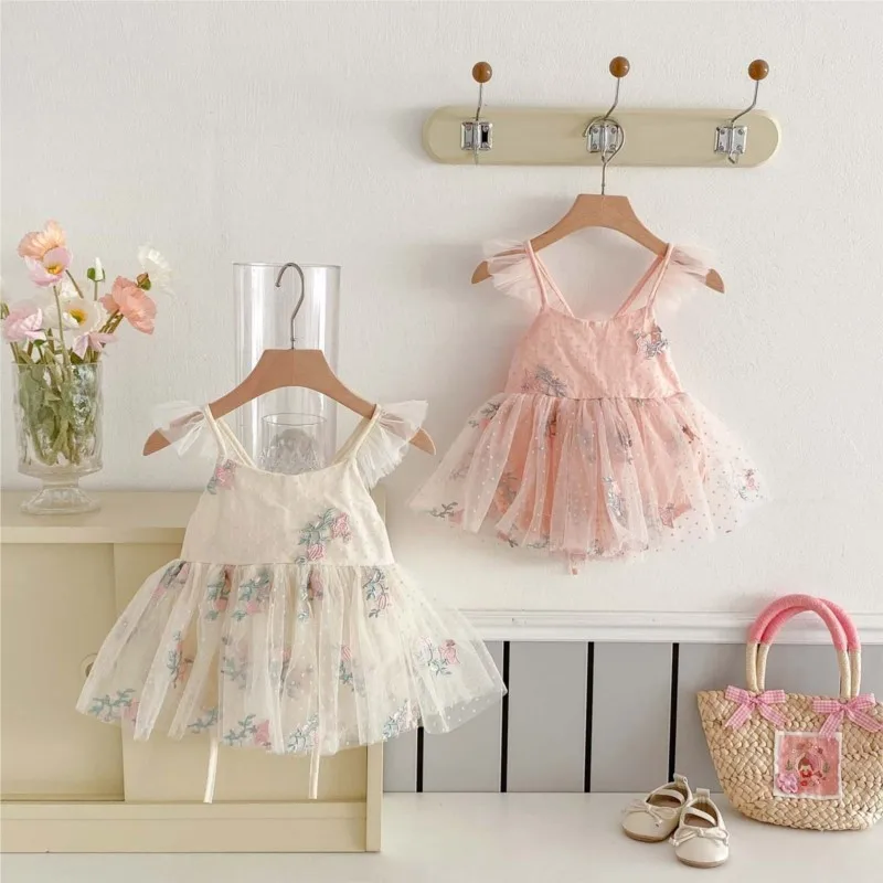 Newborn Baby Girl Cotton Floral Embroidery Tulle Dress Romper Infant Sleeveless Ruffle Princess Jumpsuit Summer Clothes 3-18M