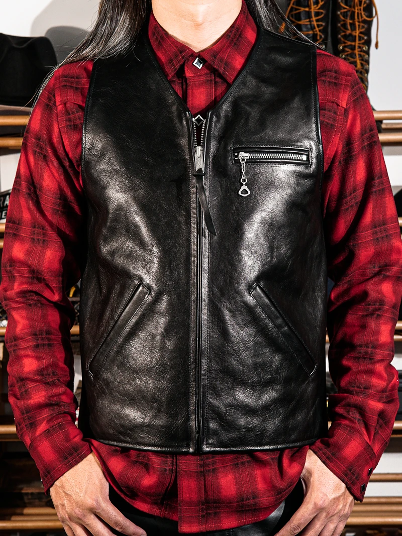 

Классический кожаный жилет Rider's Tee-Panel Bla Tough-Dyed Ferrara Oil Wax Hide Faion Urban Sle Youth Casual Leathe...