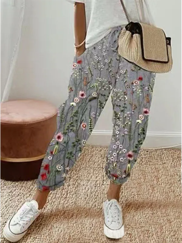 Women Summer Spring Midi Cotton Line Ruffles Vintage Big Large Plus Sizes Casual Party Fashion Loose Strip Pocket Pant