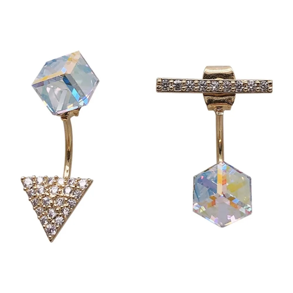

925 Silver Needle Simple Zircon One-Word Square Ear Jewelry Actress Temperament Asymmetrical Earrings