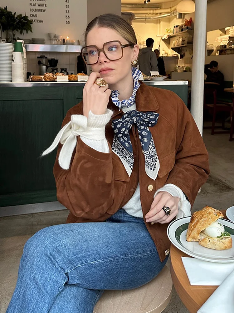 

Винтажные коричневые замшевые женские куртки с отложным воротником и длинными рукавами, однобортные женские пальто с карманами, осень 202, женская верхняя одежда