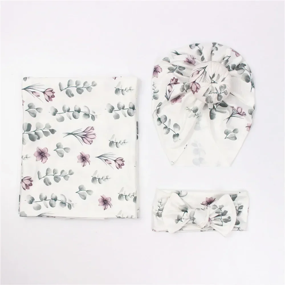 New Baby Vintage Print Child 3 Pcs Suit Newborn Anti Shock Swaddle Wrap Turban Hats Donut Hat Headband Blanket Set Four Seasons