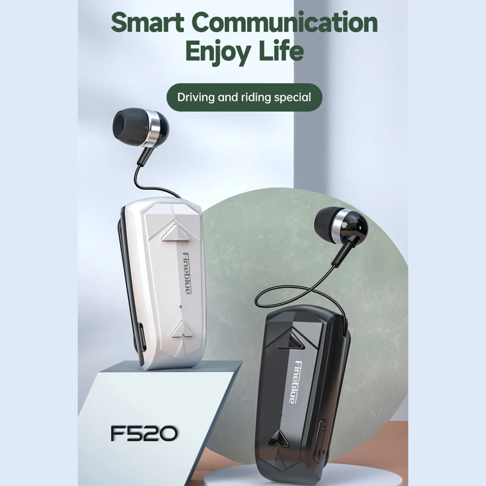 Fineblue F520 سماعة رأس لاسلكية للأعمال BT5.3 داخل الأذن قابلة للسحب سماعة أذن رياضية بدون استخدام اليدين مشبك تلسكوبي على St