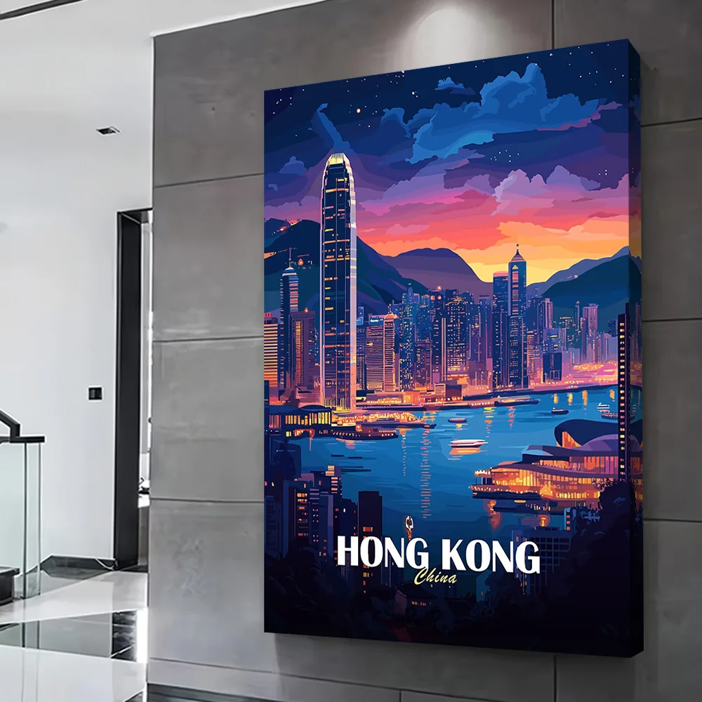 هونج كونج سيتي سكيب في الغسق ملصق مخصص مطبوعة قماش اللوحة للصور جدار الفن الديكور ديكور المنزل الحمام