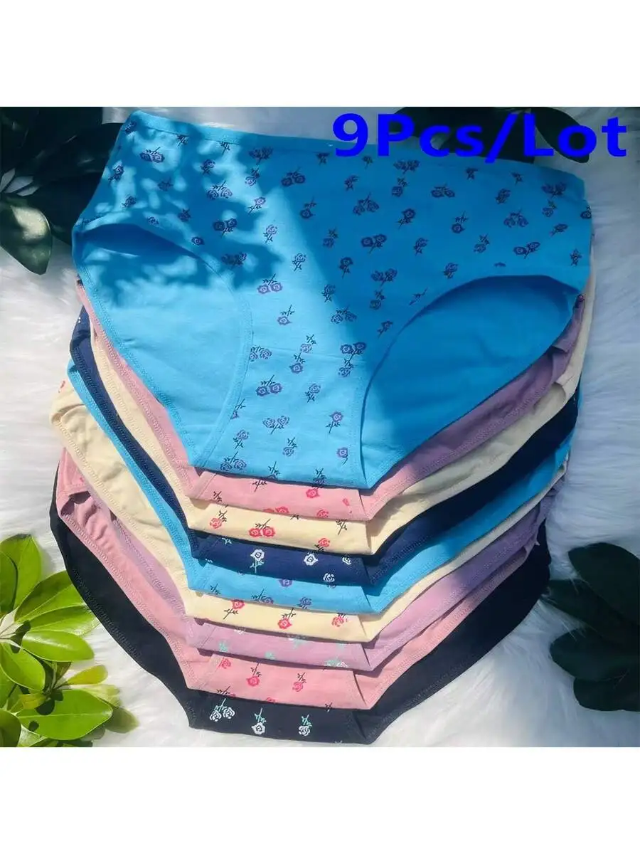 

9 Pcs Mid Waist Cotton Floral Print Women Briefs Comfortable Breathable Underwear Set
