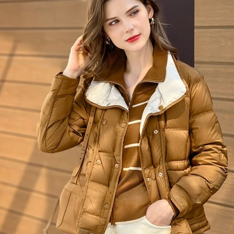 Light Thin Winter Coat for Women, Double Breasted Down Jacket, Loose Stand-up Collar Coats, Female Collision, Two Sides Wear