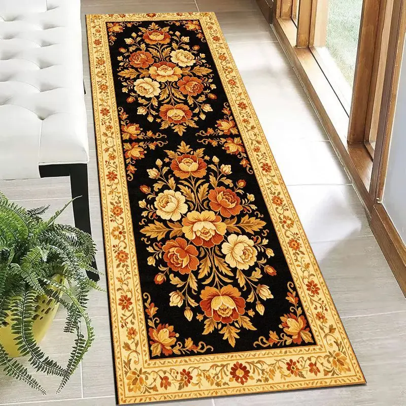 VIKAMA Vintage European Floral Runner Rug Black Peony Pattern Non Slip Washable Long Hallway Kitchen Decor Carpet