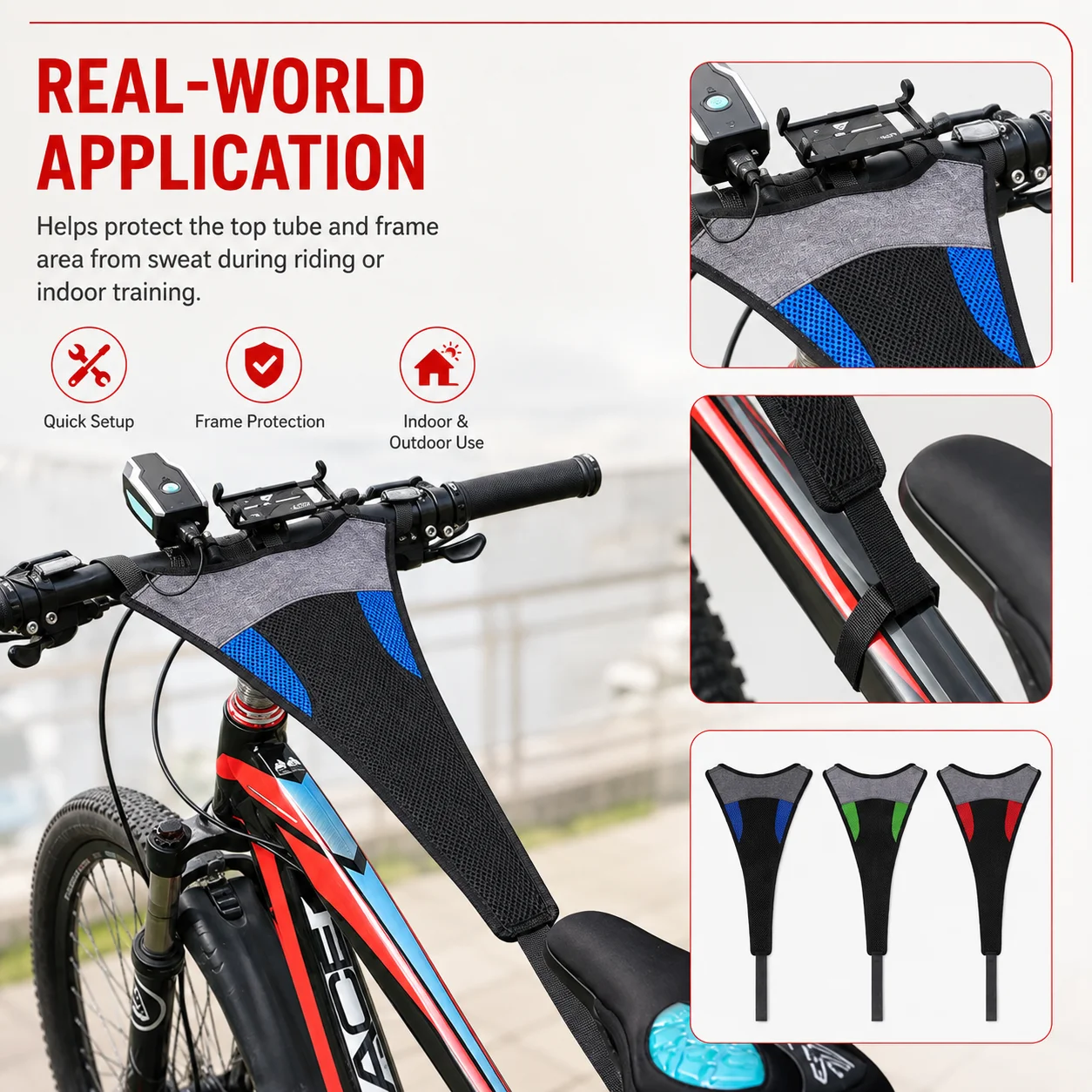 PINMOAP 1PC Bicycle Sweat Guard Net Indoor Cycling Trainer Breathable Bike Frame Sweat Catcher With Adjustable Straps Road MTB