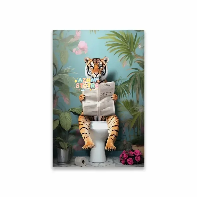 Zebra on Toilet Bathroom Poster Giraffe on Toilet Funny Bathroom Tiger Wall Art Prints Colorful Botanical Bathroom Art Poster