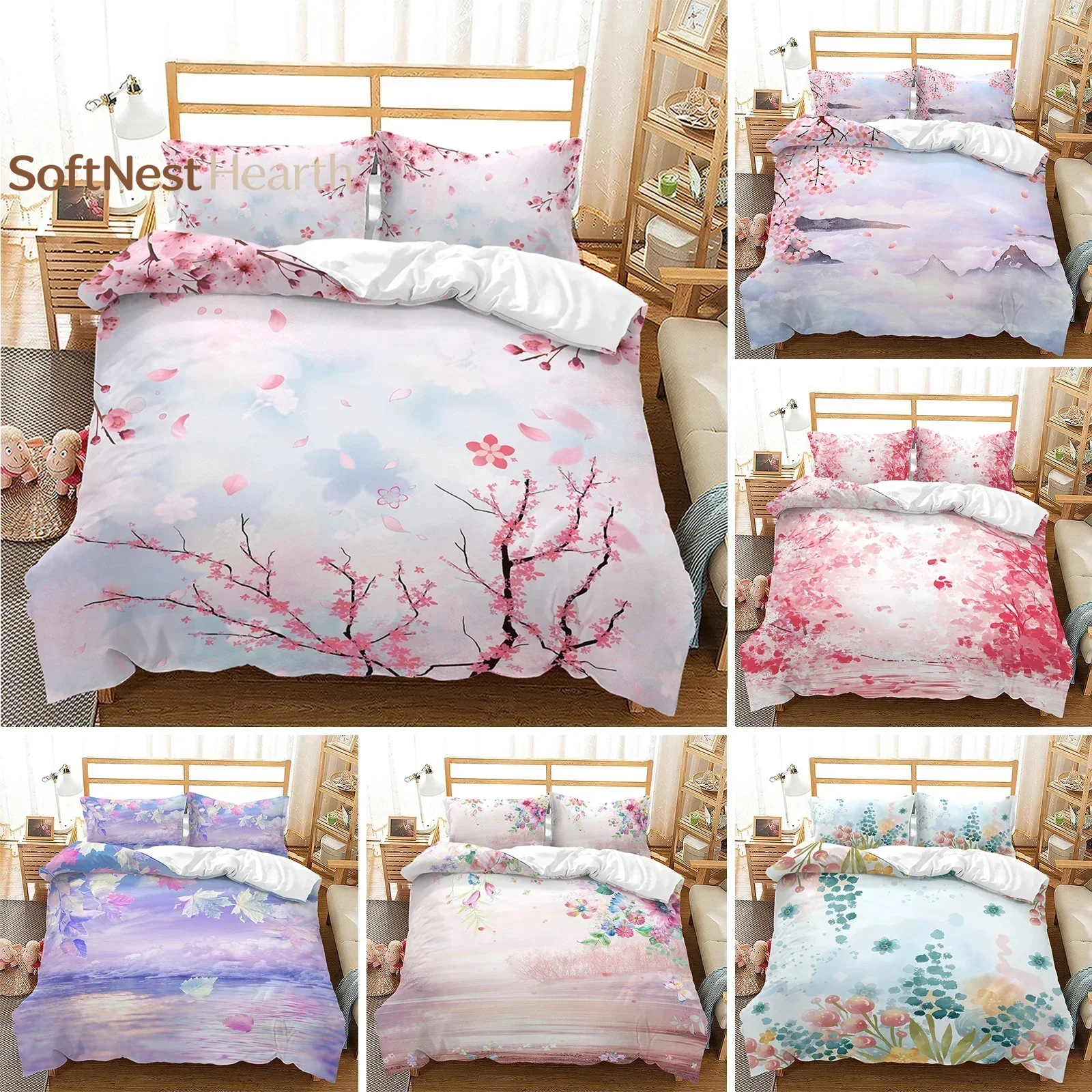 2026 Spring Flowers King Queen Duvet Cover Pink Sakura Bedding Set Girls Cherry Blossoms Quilt Cover Floral Polyester Comforter